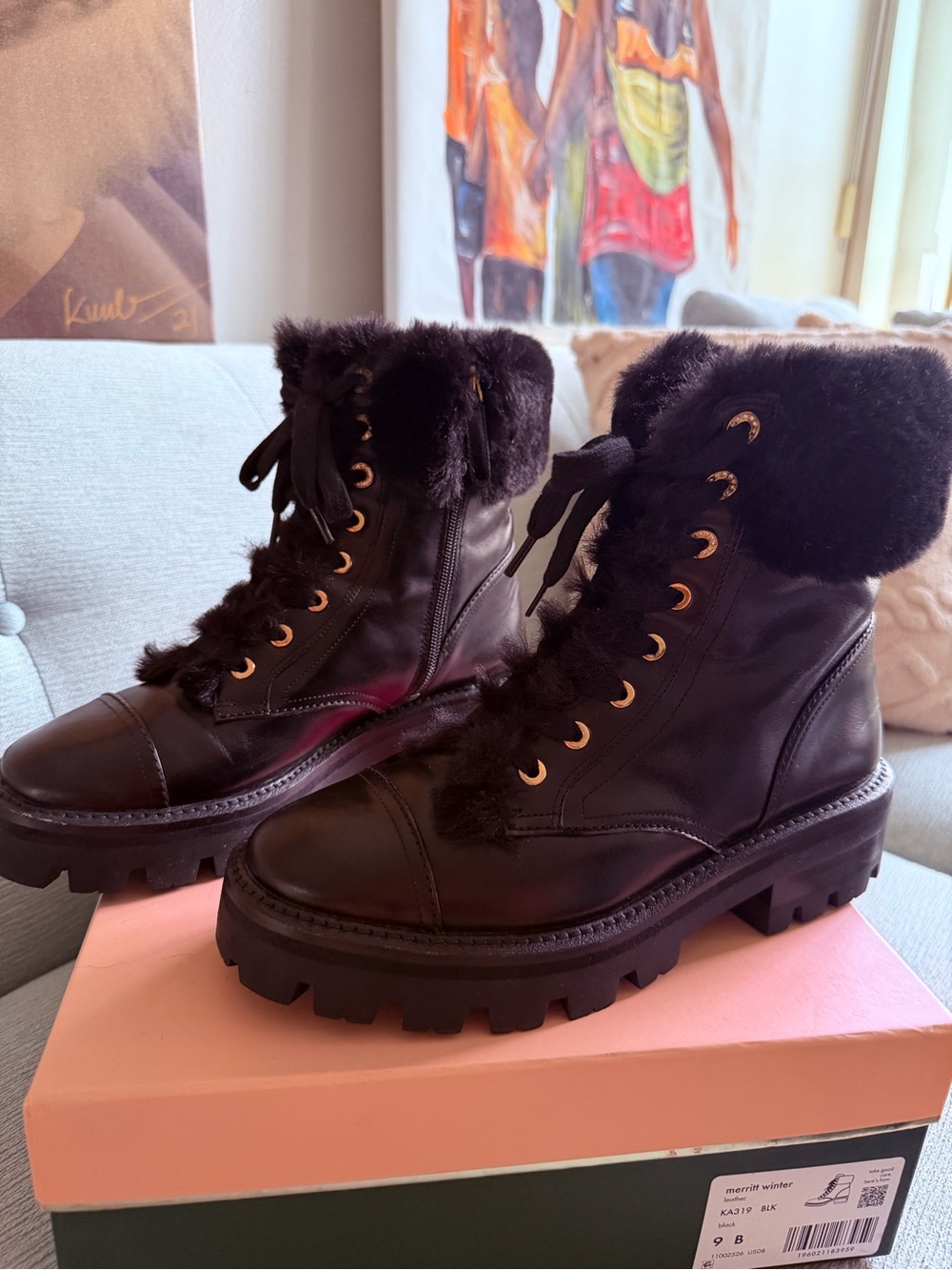 Kate Spade Merritt Winter Black leather lace up boots with faux fur #winterboots